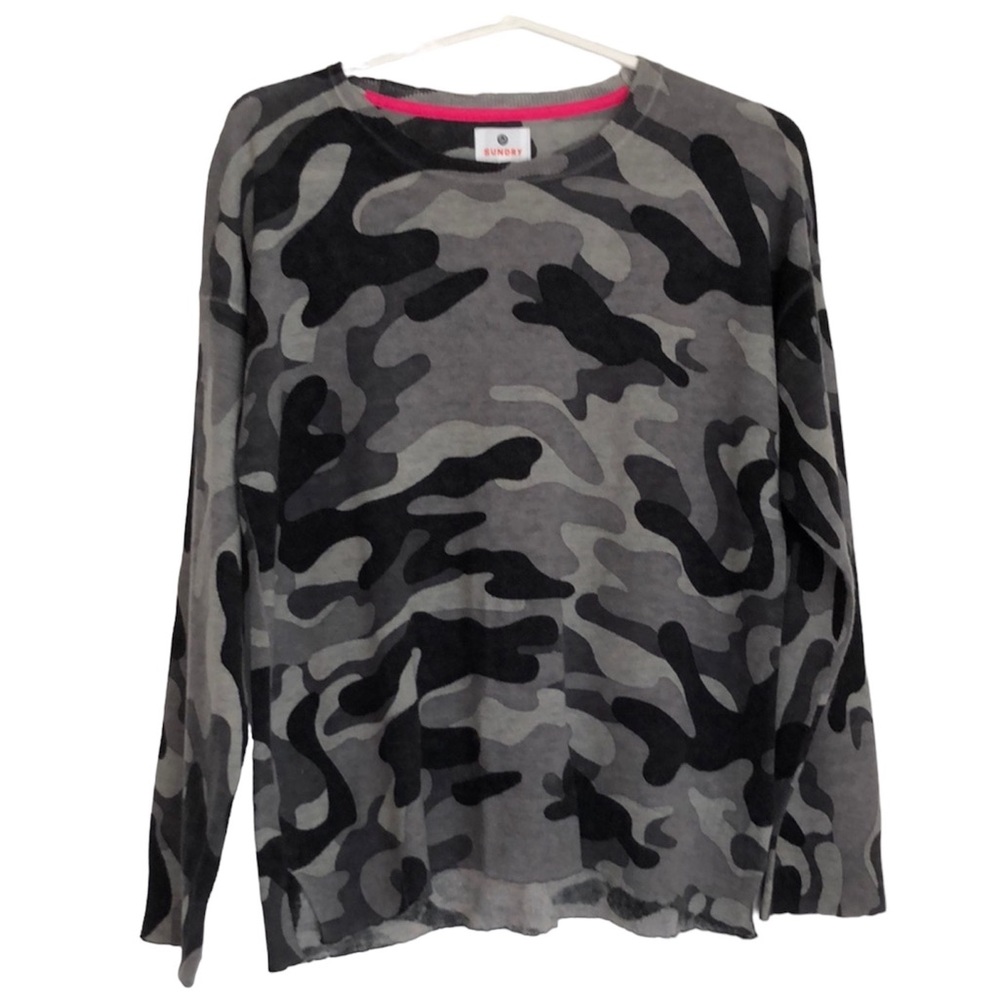 SUNDRY black gray camo print wool cashmere blend long sleeve shirt size Small